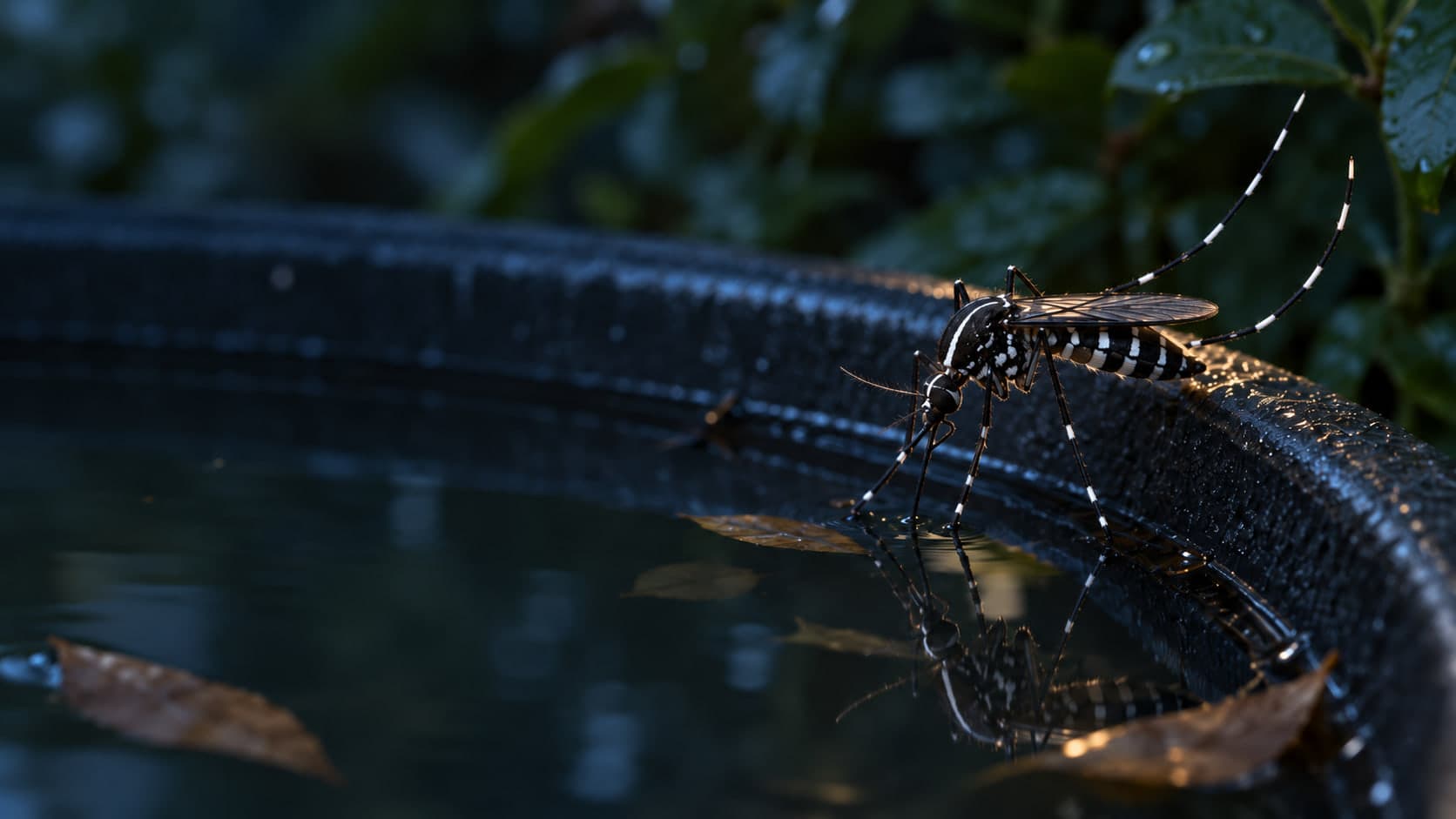 An Asian tiger mosquito, black with white bands, standing on the rim of a dark container of water.