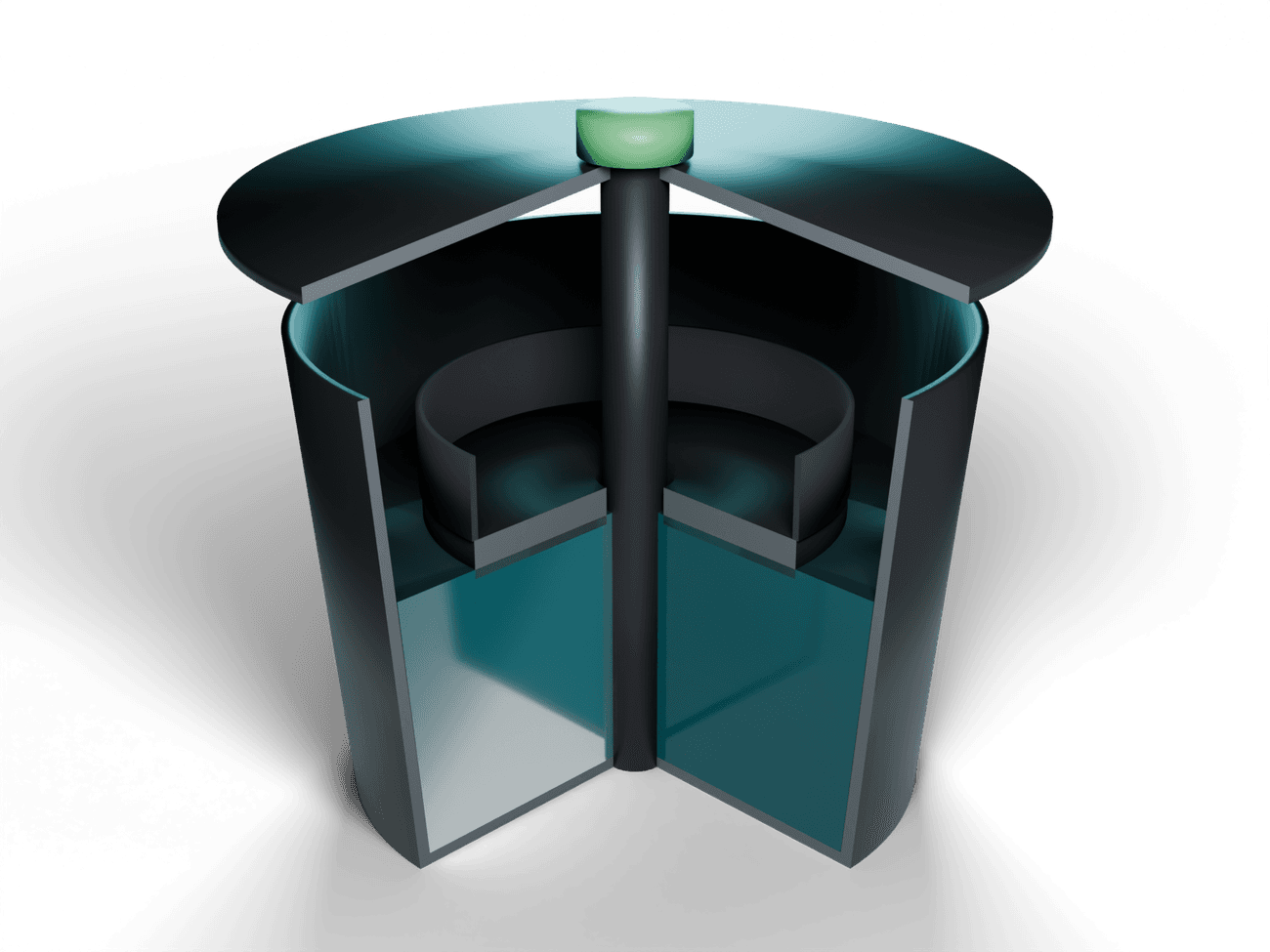 Cutaway diagram of a mosquito station: a wide lid with a green date cap in its center, a tube running down the middle, a floating ring carrying a gauze strip, and water in the bottom of the container.